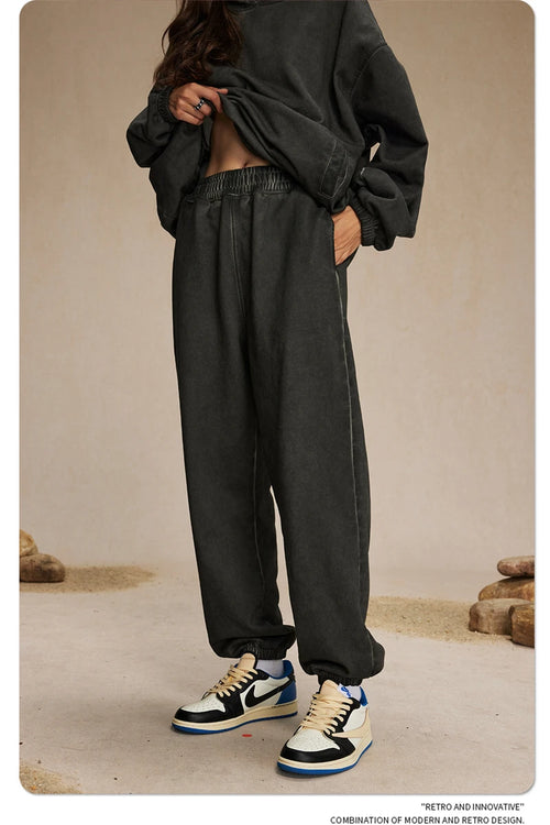 Obsidian Phoenix Unisex Luxury Washed Sweatpants - 450gsm Vintage Heavyweight Distressed Joggers