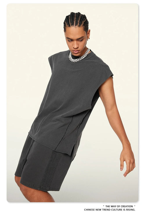 Obsidian Phoenix Unisex Luxury Washed Cotton Tank Top - 270gsm Vintage Relaxed-Fit Slit Sleeveless Vest