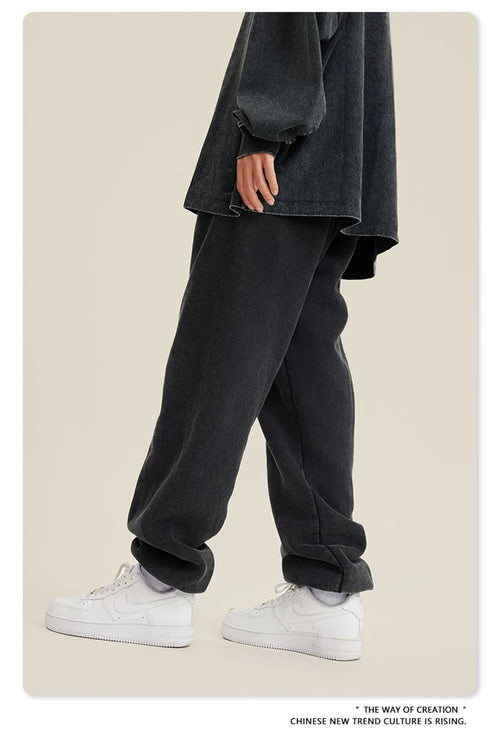 Obsidian Phoenix Luxury 355gsm Washed Fleece Sweatpants - Unisex Retro Loose-Fit Warm Joggers