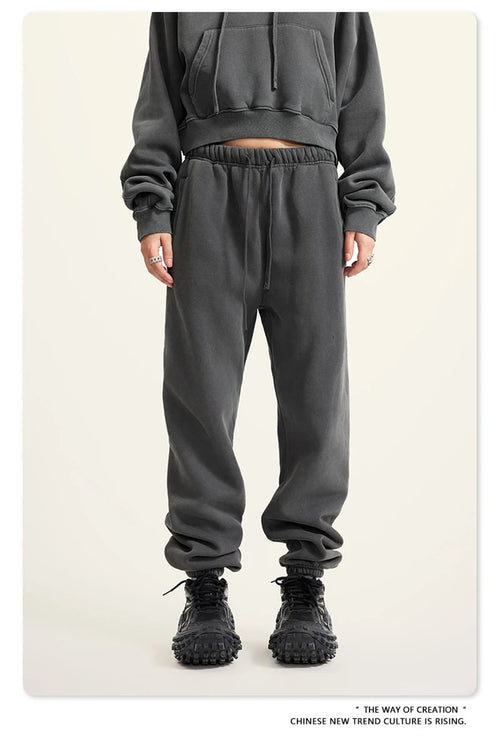 Obsidian Phoenix Luxury 355gsm Washed Fleece Sweatpants - Unisex Retro Loose-Fit Warm Joggers