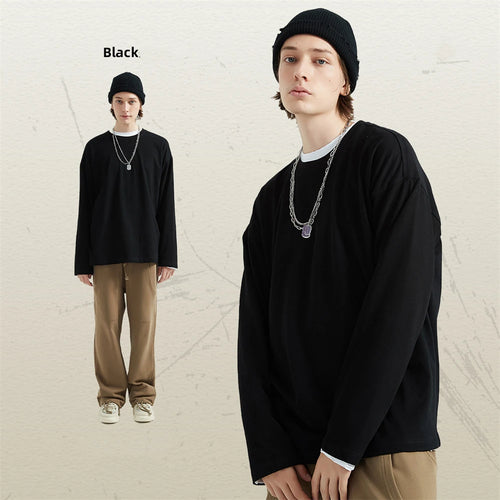 Obsidian Phoenix Unisex Luxury Solid Cotton T-Shirt - 230gsm Loose-Fit O-Neck Long-Sleeve Tee