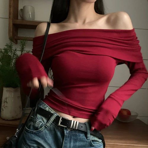 Obsidian Phoenix Women's Luxury Off-Shoulder T-Shirt - Sexy Long Sleeve Solid Black Crop Top