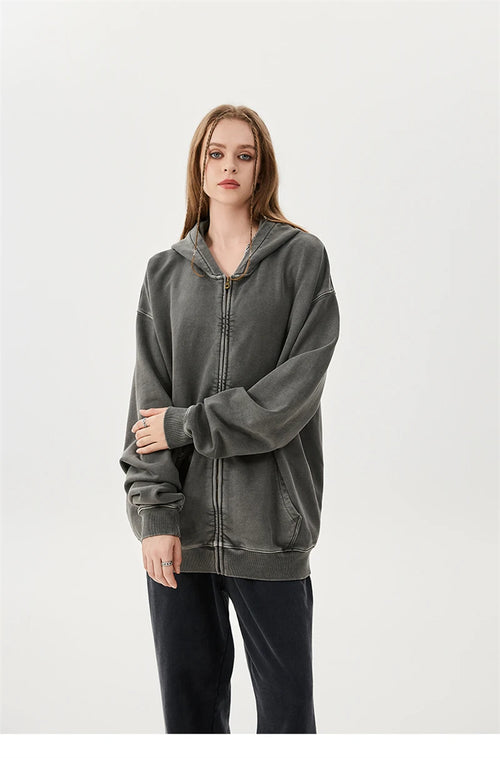 Obsidian Phoenix Unisex Luxury Batik Washed Zipper Hoodie - 420gsm Heavyweight Oversized Distressed 100% Cotton Hooded Jacket