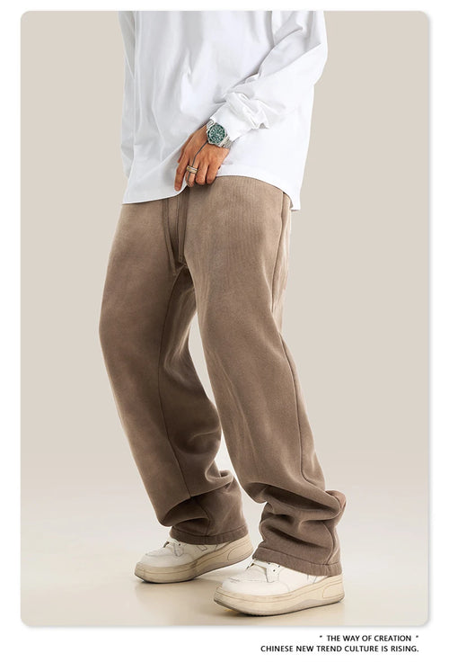 Obsidian Phoenix Unisex Luxury Washed Fleece Pants - 332gsm Retro High Street Warm Oversized Straight-Leg Trousers