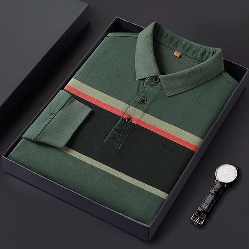 Obsidian Phoenix Luxury 100% Cotton Shirt - High-End Long Sleeve Striped Men’s Polo Shirt in Sizes Up to 8XL