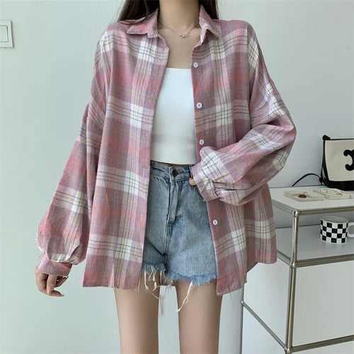 Celestial Comfort Women’s Plaid Shirt - Long-Sleeve Vintage Preppy Style Blouse, Single-Breasted and Loose Fit - Celestial Comfort Clothing