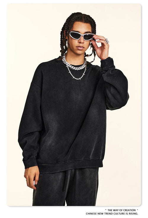 Obsidian Phoenix Unisex Luxury Monkey Washed Fleece Sweatshirt - 332gsm Vintage Loose-Fit Knitted O-Neck Pullover