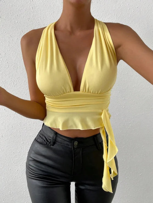 Obsidian Phoenix Women's Luxury Deep V-Neck Pleated Top