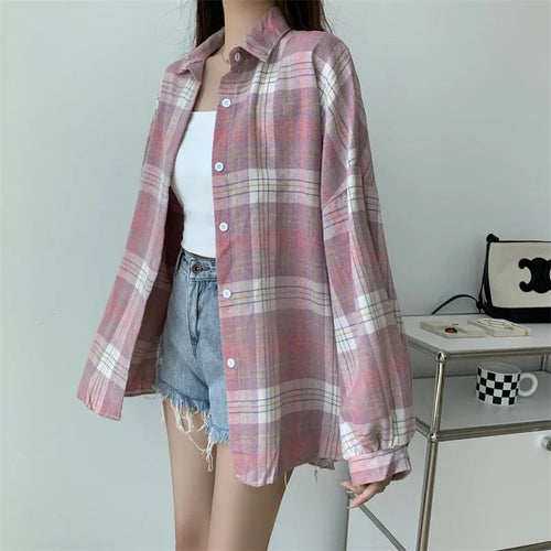 Celestial Comfort Women’s Plaid Shirt - Long-Sleeve Vintage Preppy Style Blouse, Single-Breasted and Loose Fit - Celestial Comfort Clothing
