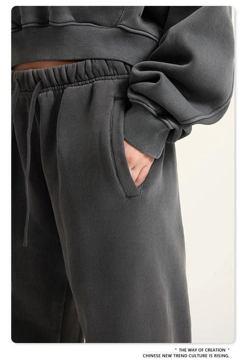 Obsidian Phoenix Luxury 355gsm Washed Fleece Sweatpants - Unisex Retro Loose-Fit Warm Joggers