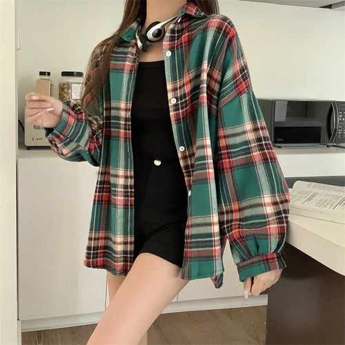 Celestial Comfort Women’s Plaid Shirt - Long-Sleeve Vintage Preppy Style Blouse, Single-Breasted and Loose Fit - Celestial Comfort Clothing