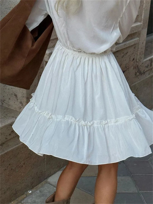Obsidian Phoenix Luxury Ruffled V-Neck White Mini Dress - Elegant Long Sleeve High-Waist Lace-Up Bandage Dress for Women