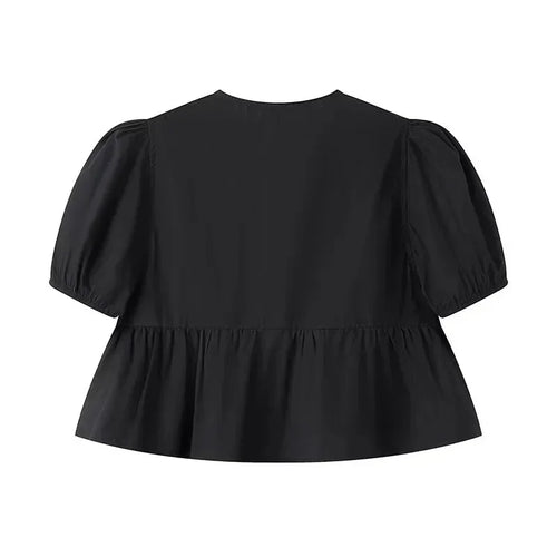 Obsidian Phoenix Women's Chic Lace-Up Blouse - Fashion Solid Hollow Out O-Neck Short Sleeve Casual Streetwear Top