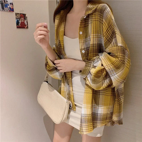 Celestial Comfort Women’s Plaid Shirt - Long-Sleeve Vintage Preppy Style Blouse, Single-Breasted and Loose Fit - Celestial Comfort Clothing