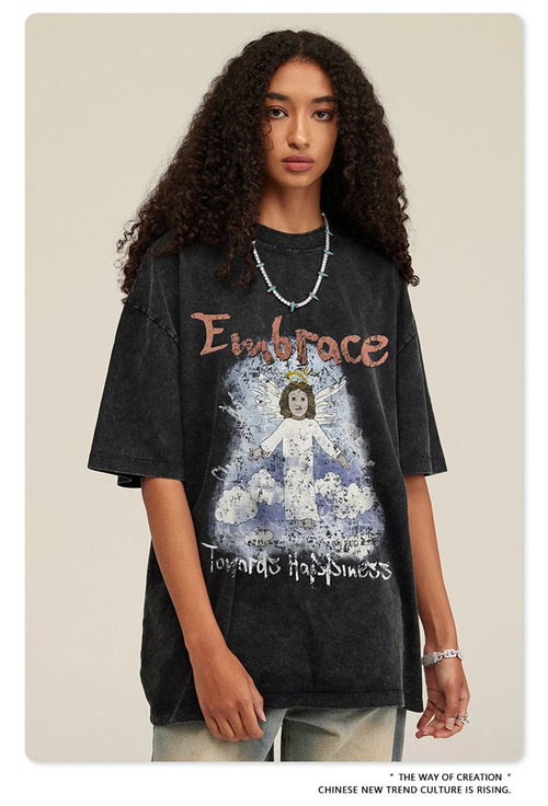 Obsidian Phoenix Unisex Luxury Angel Print T-Shirt - 270gsm Washed Cotton Retro Hip Hop Tee