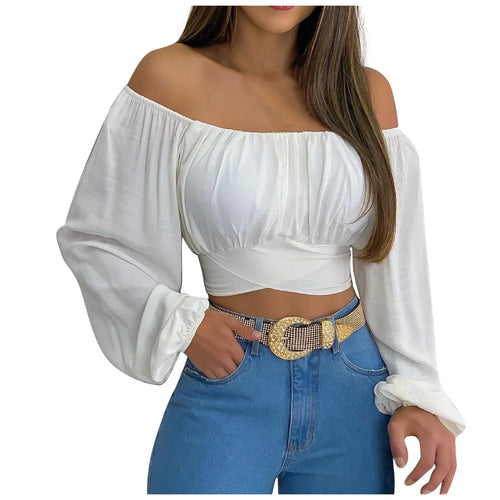 Obsidian Phoenix Women's Luxury Off-Shoulder Printed Blouse - Chic Lantern Long Sleeve Lace-Up Bow Cropped Top