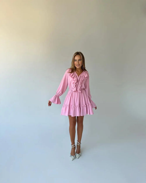 Obsidian Phoenix Luxury Ruffled V-Neck White Mini Dress - Elegant Long Sleeve High-Waist Lace-Up Bandage Dress for Women