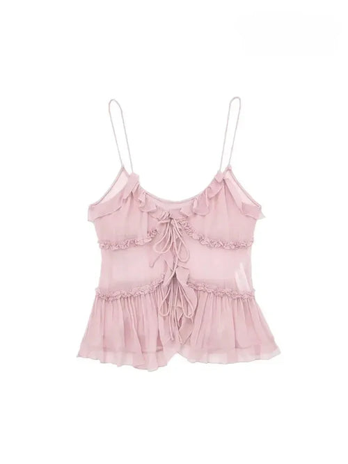 Celestial Comfort Ruffled Front Tie Tank Top - Semi-Sheer, Backless with Thin Straps, Sexy Women’s Camisole - Celestial Comfort Clothing