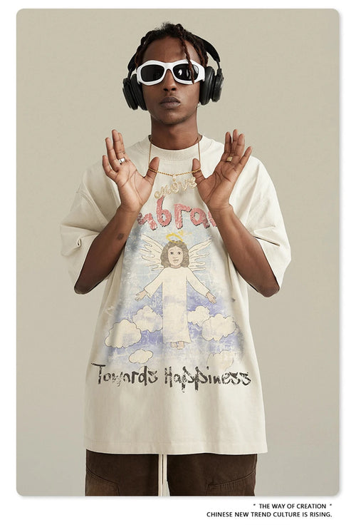 Obsidian Phoenix Unisex Luxury Angel Print T-Shirt - 270gsm Washed Cotton Retro Hip Hop Tee