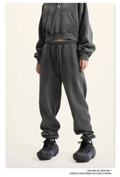Obsidian Phoenix Luxury 355gsm Washed Fleece Sweatpants - Unisex Retro Loose-Fit Warm Joggers