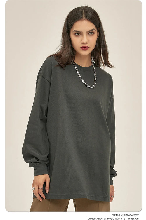 Obsidian Phoenix Unisex Luxury Heavyweight Cotton T-Shirt - 305gsm Loose-Fit Long Sleeve Solid Tee