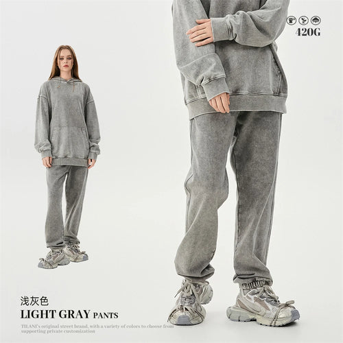 Obsidian Phoenix Unisex Luxury Batik Washed Sweatpants - 420gsm High Street Loose-Fit Distressed Cotton Joggers