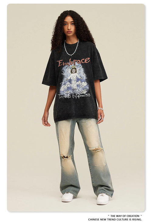 Obsidian Phoenix Unisex Luxury Angel Print T-Shirt - 270gsm Washed Cotton Retro Hip Hop Tee