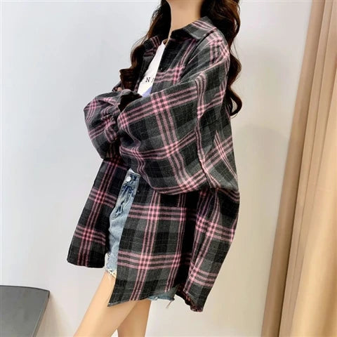 Celestial Comfort Women’s Plaid Shirt - Long-Sleeve Vintage Preppy Style Blouse, Single-Breasted and Loose Fit - Celestial Comfort Clothing