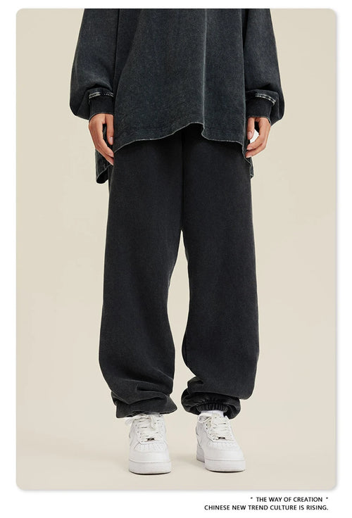 Obsidian Phoenix Luxury 355gsm Washed Fleece Sweatpants - Unisex Retro Loose-Fit Warm Joggers