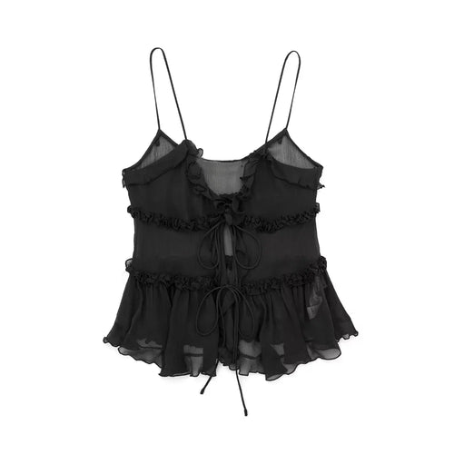 Celestial Comfort Ruffled Front Tie Tank Top - Semi-Sheer, Backless with Thin Straps, Sexy Women’s Camisole - Celestial Comfort Clothing