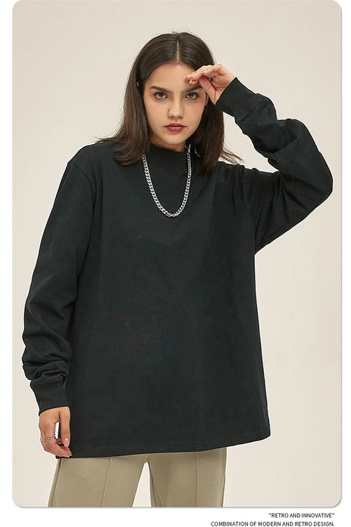 Obsidian Phoenix Unisex Luxury Heavyweight Cotton T-Shirt - 345gsm Loose-Fit Long-Sleeve High-Neck Solid Tee