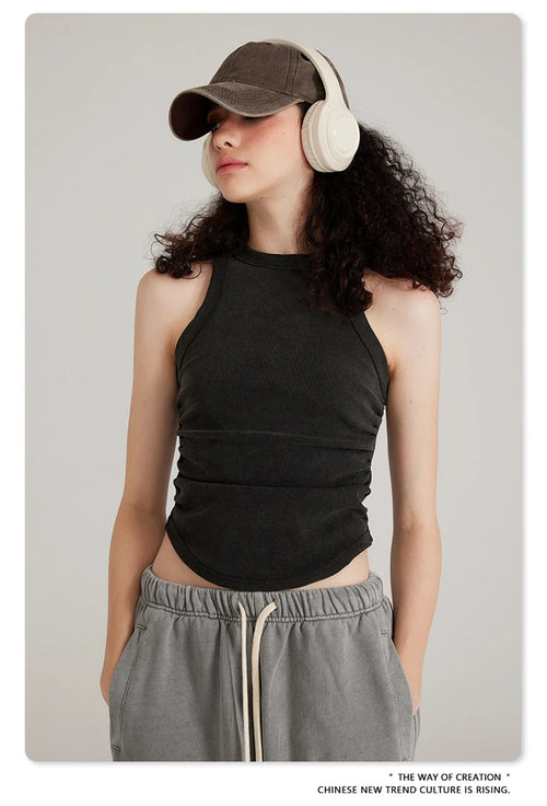 Obsidian Phoenix Women's Luxury Washed Cotton Tank Top - 315gsm Slim-Fit Pleated Arc-Hem Camisole
