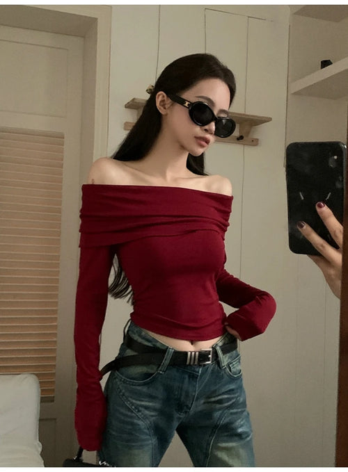 Obsidian Phoenix Women's Luxury Off-Shoulder T-Shirt - Sexy Long Sleeve Solid Black Crop Top
