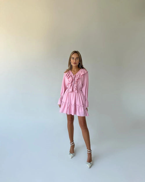 Obsidian Phoenix Luxury Ruffled V-Neck White Mini Dress - Elegant Long Sleeve High-Waist Lace-Up Bandage Dress for Women