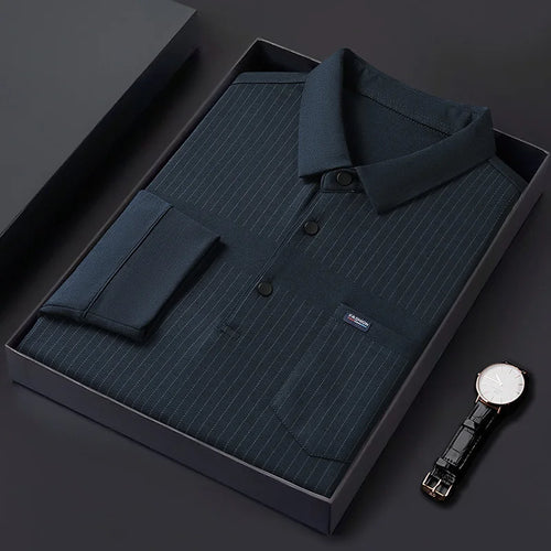 Obsidian Phoenix Luxury Striped Polo Shirt with Pocket - High-End Loose-Fit Business Casual Men’s Shirt in Sizes Up to 8XL