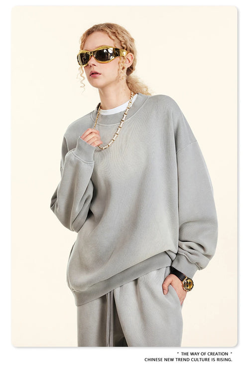 Obsidian Phoenix Unisex Luxury Monkey Washed Fleece Sweatshirt - 332gsm Vintage Loose-Fit Knitted O-Neck Pullover