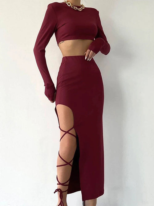 Obsidian Phoenix Women's Luxury Pullover Crop Top and High-Split Skirt Set
