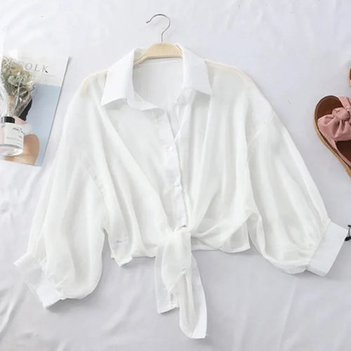 Obsidian Phoenix Women's Elegant Tied Waist Blouse - Casual Loose Hollow Solid Color Summer Chiffon Bat Sleeve Button Shirt