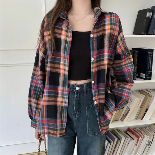 Celestial Comfort Women’s Plaid Shirt - Long-Sleeve Vintage Preppy Style Blouse, Single-Breasted and Loose Fit - Celestial Comfort Clothing