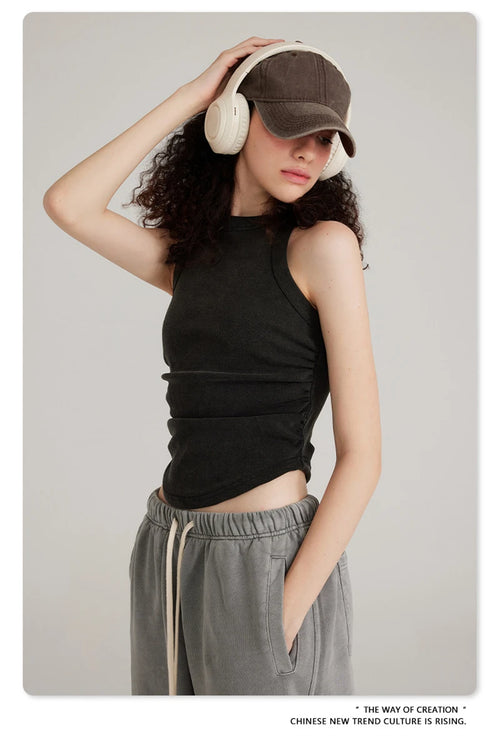 Obsidian Phoenix Women's Luxury Washed Cotton Tank Top - 315gsm Slim-Fit Pleated Arc-Hem Camisole