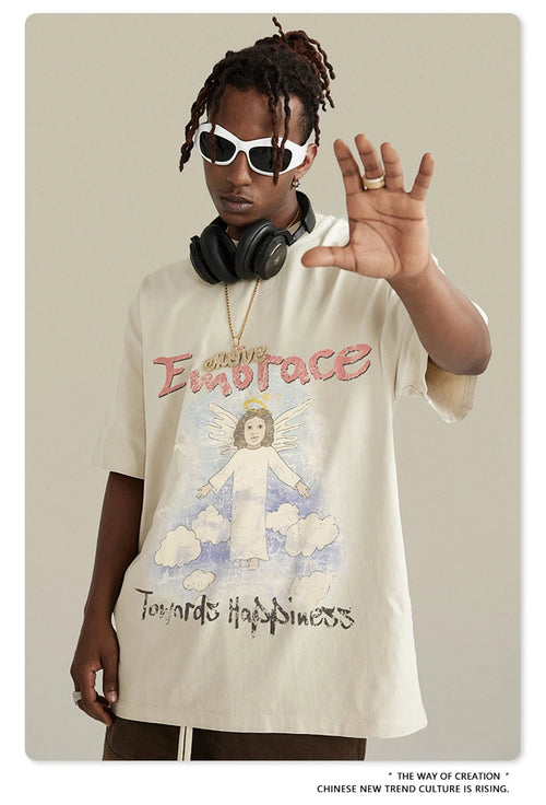 Obsidian Phoenix Unisex Luxury Angel Print T-Shirt - 270gsm Washed Cotton Retro Hip Hop Tee