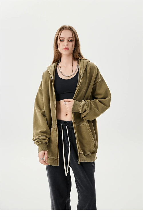 Obsidian Phoenix Unisex Luxury Batik Washed Zipper Hoodie - 420gsm Heavyweight Oversized Distressed 100% Cotton Hooded Jacket