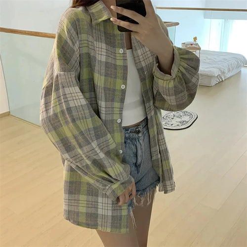 Celestial Comfort Women’s Plaid Shirt - Long-Sleeve Vintage Preppy Style Blouse, Single-Breasted and Loose Fit - Celestial Comfort Clothing