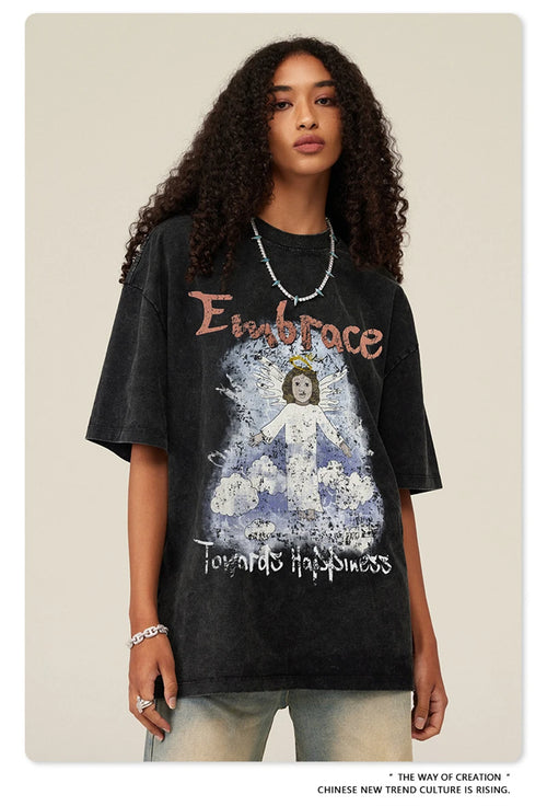 Obsidian Phoenix Unisex Luxury Angel Print T-Shirt - 270gsm Washed Cotton Retro Hip Hop Tee