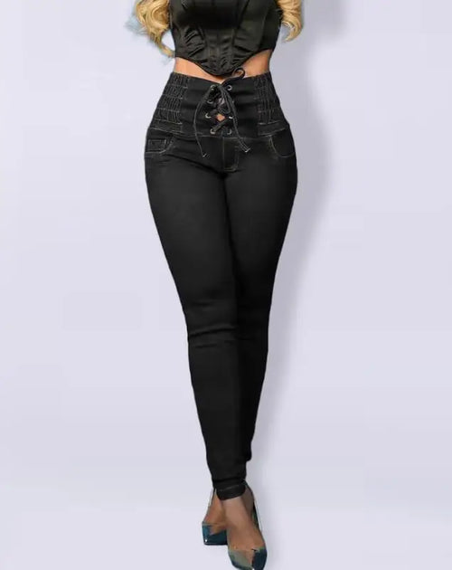 Obsidian Phoenix Women's High-Waist Skinny Jeans - Luxury Grommet Eyelet Lace-Up Denim Trousers with Pocket Design