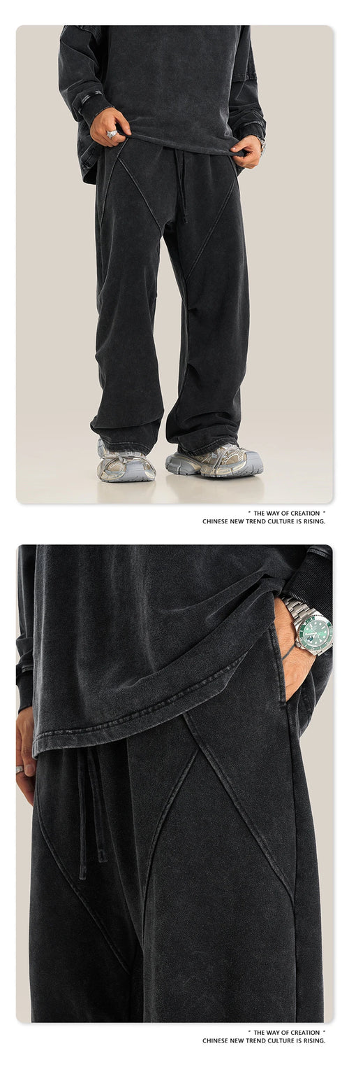 Obsidian Phoenix Unisex Luxury Patchwork Pants - 370gsm Washed High Street Oversized Double-Knee Straight Trousers