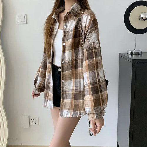 Celestial Comfort Women’s Plaid Shirt - Long-Sleeve Vintage Preppy Style Blouse, Single-Breasted and Loose Fit - Celestial Comfort Clothing