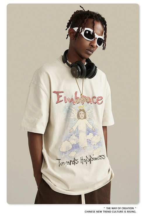 Obsidian Phoenix Unisex Luxury Angel Print T-Shirt - 270gsm Washed Cotton Retro Hip Hop Tee