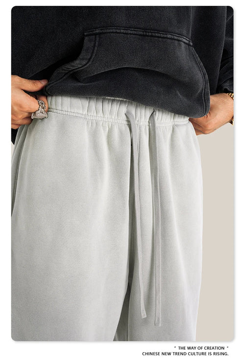 Obsidian Phoenix Unisex Luxury Washed Fleece Pants - 332gsm Retro High Street Warm Oversized Straight-Leg Trousers