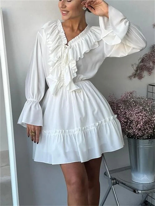 Obsidian Phoenix Luxury Ruffled V-Neck White Mini Dress - Elegant Long Sleeve High-Waist Lace-Up Bandage Dress for Women